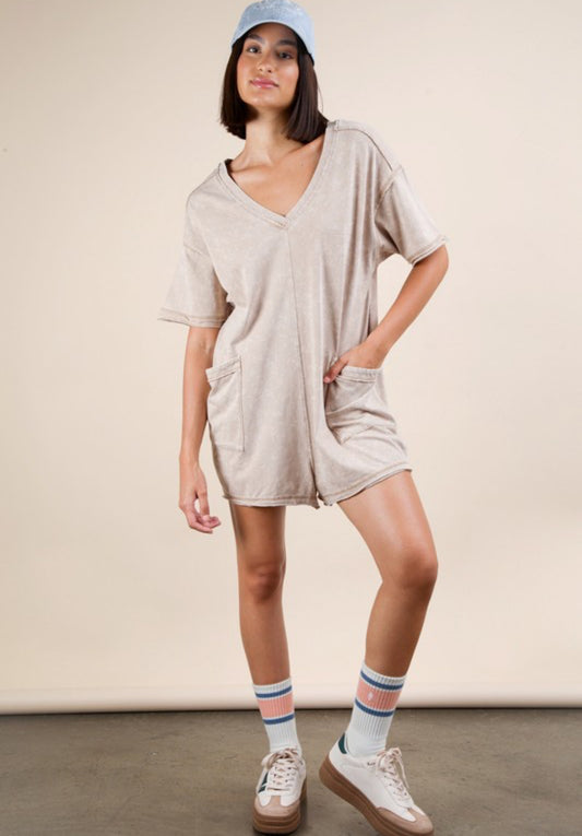 Mineral Washed Oversized Romper- Taupe