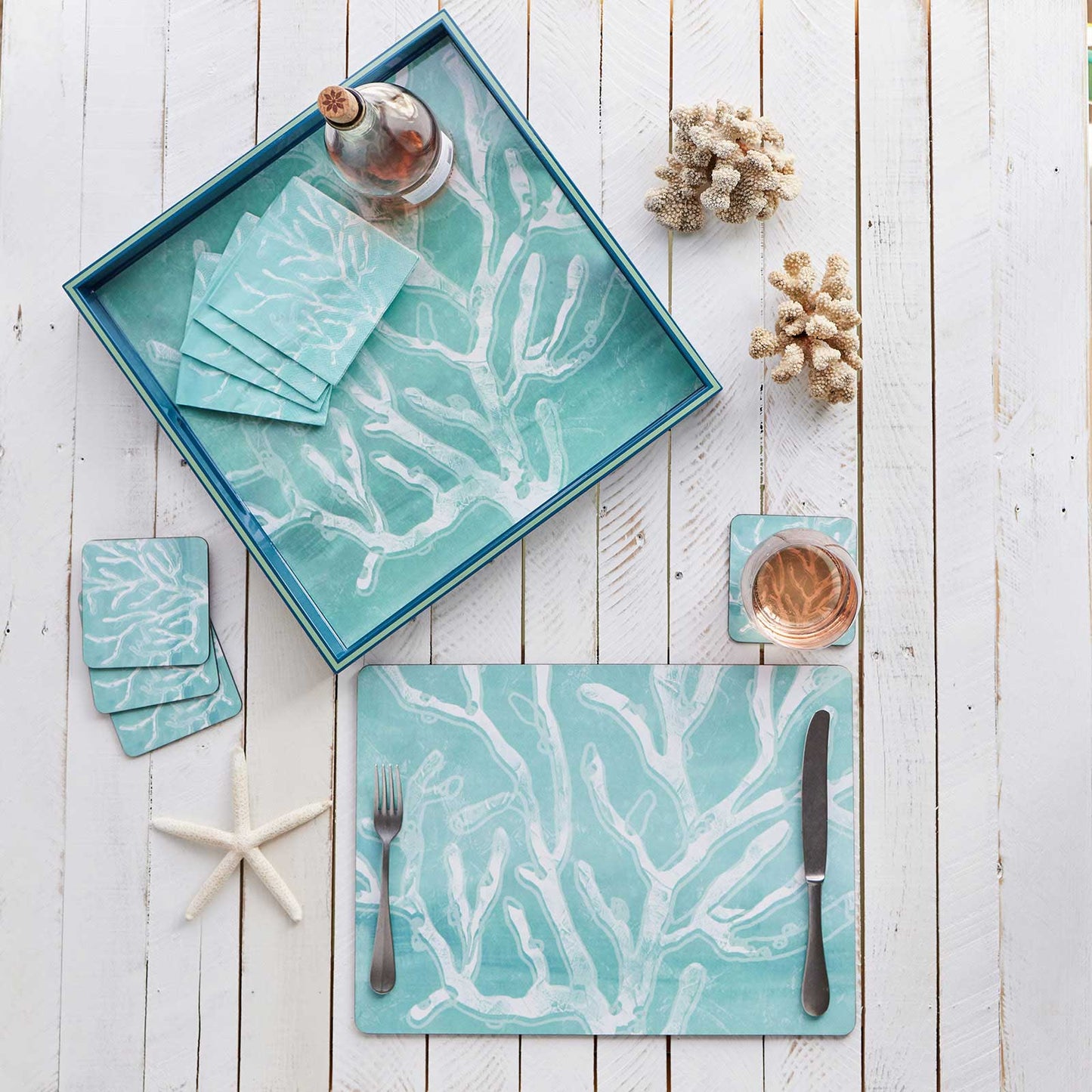 CERULEAN SEA CORAL Square Coasters, Set of 4