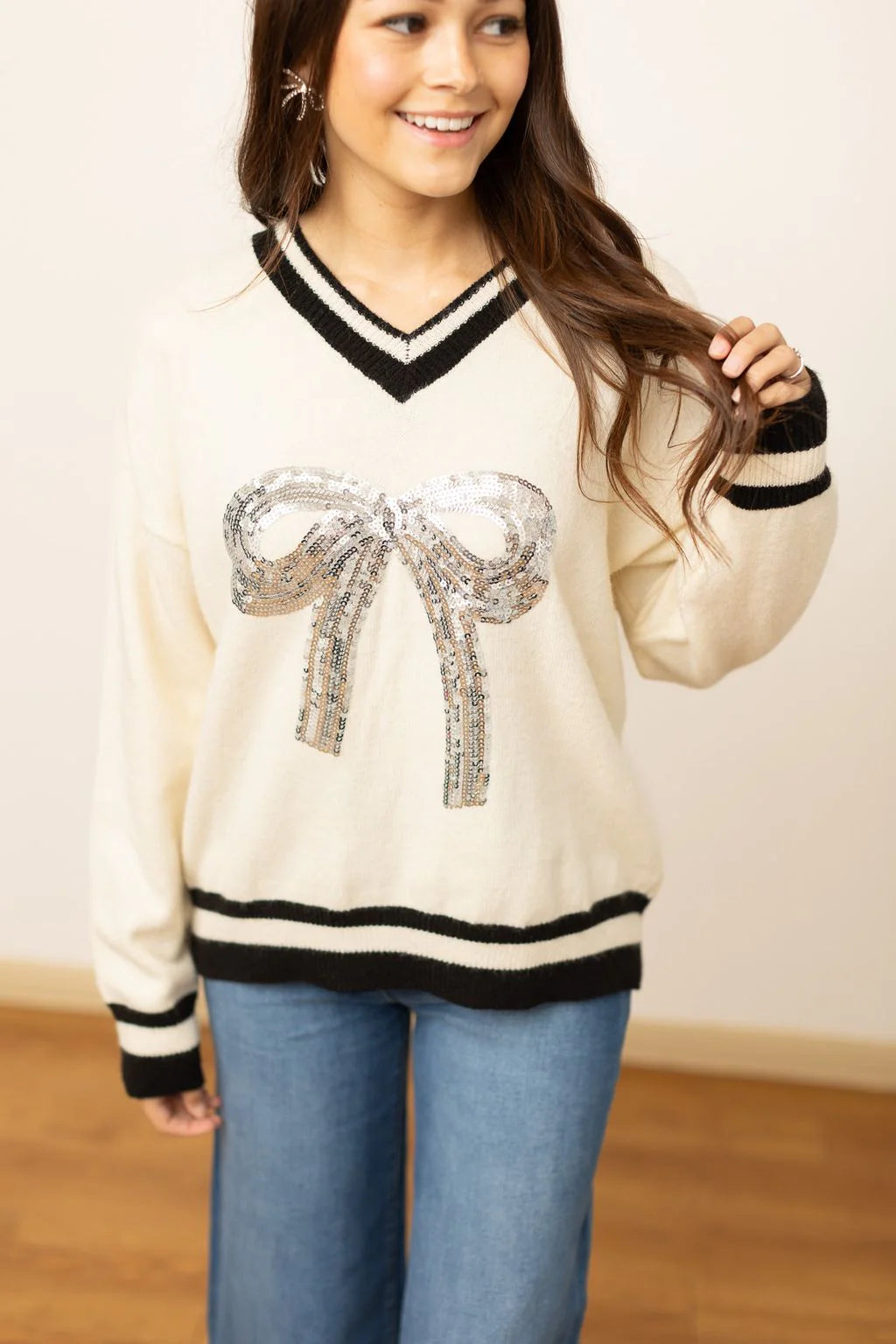 Silver Sequin Bow Sweater Preorder