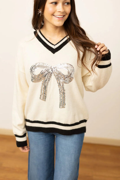 Silver Sequin Bow Sweater Preorder